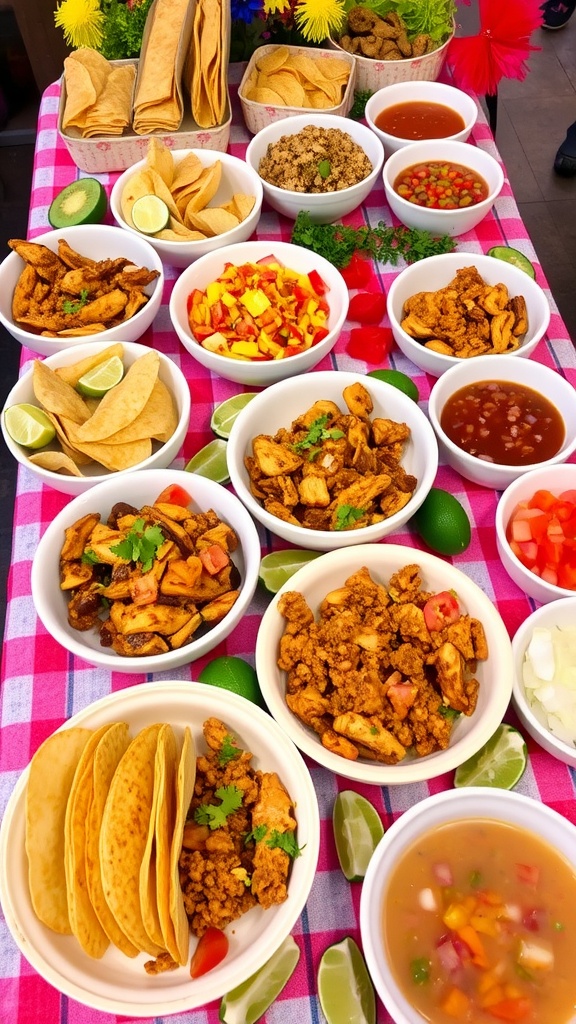 A festive taco bar with an assortment of taco shells, proteins, toppings, and salsas.